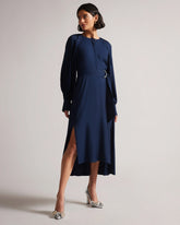 Robe décontractée en crêpe à manches longues et à manches drapées, col bateau, couleur unie, grande taille